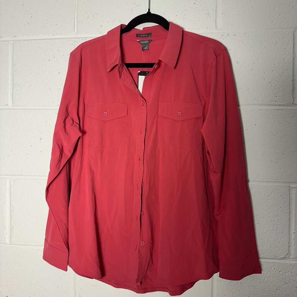 Eddie Bauer Departure Shirt Womens Large Coral Pink Long Sleeve Button Up Classi